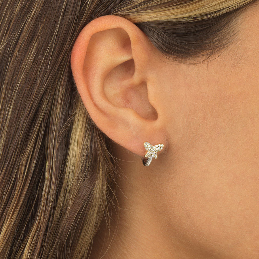 FE0507 925 Sterling Silver Butterfly Diamond Huggie Earrings