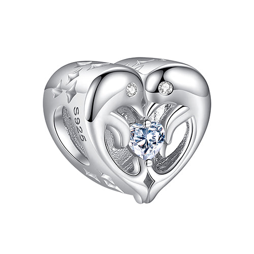 XPPY1125 925 Sterling Silver Hug Dolphins Heart CZ Photo Charm