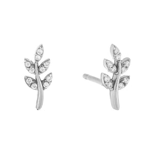 FE0532 925 Sterling Silver Tiny Pave Leaf Stud Earrings