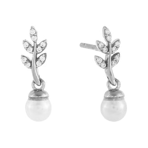 FE0533 925 Sterling Silver Mini Pave Leaf X Pearl Stud Earring