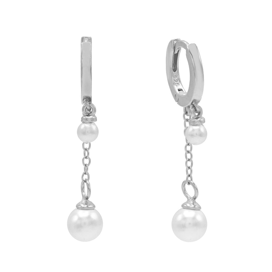 FE0589 925 Sterling Silver Double Pearl Dangle Huggie Earrings