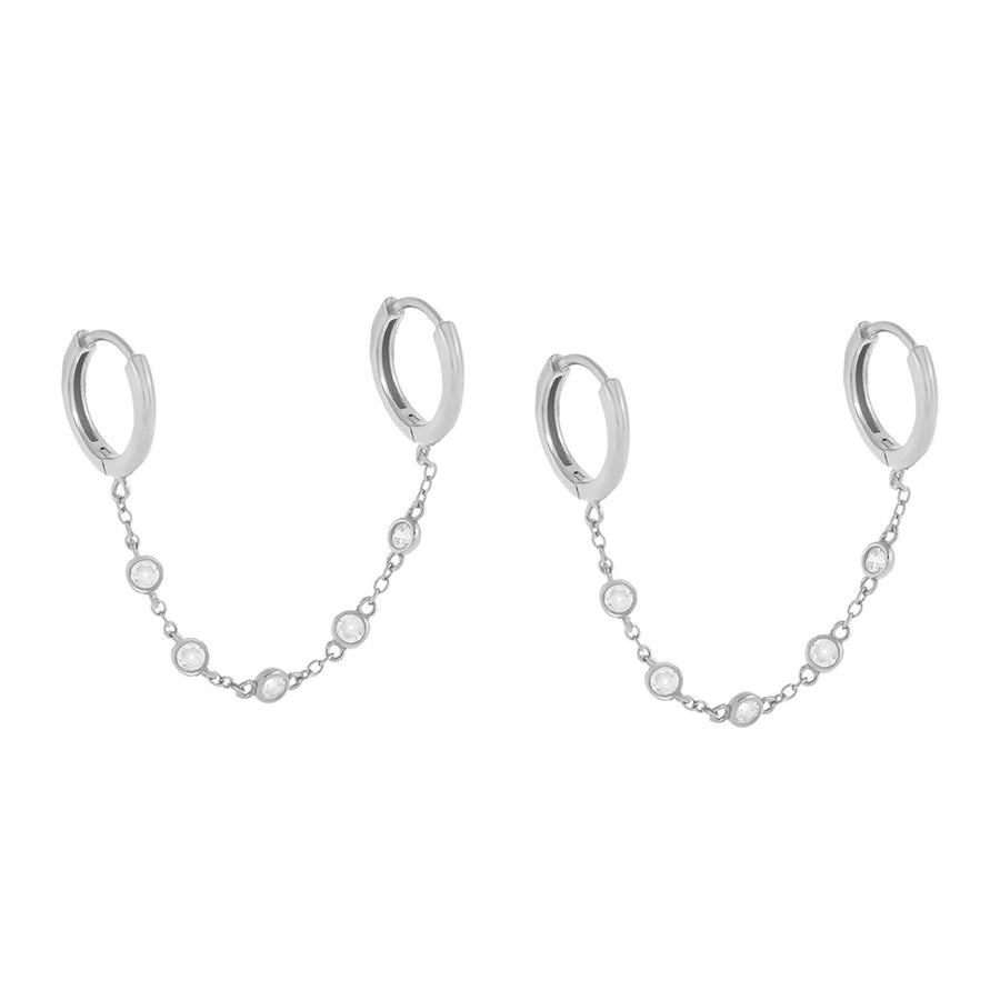 FE0588 925 Sterling Silver Cz Bezel Double Chain Huggie Earrings