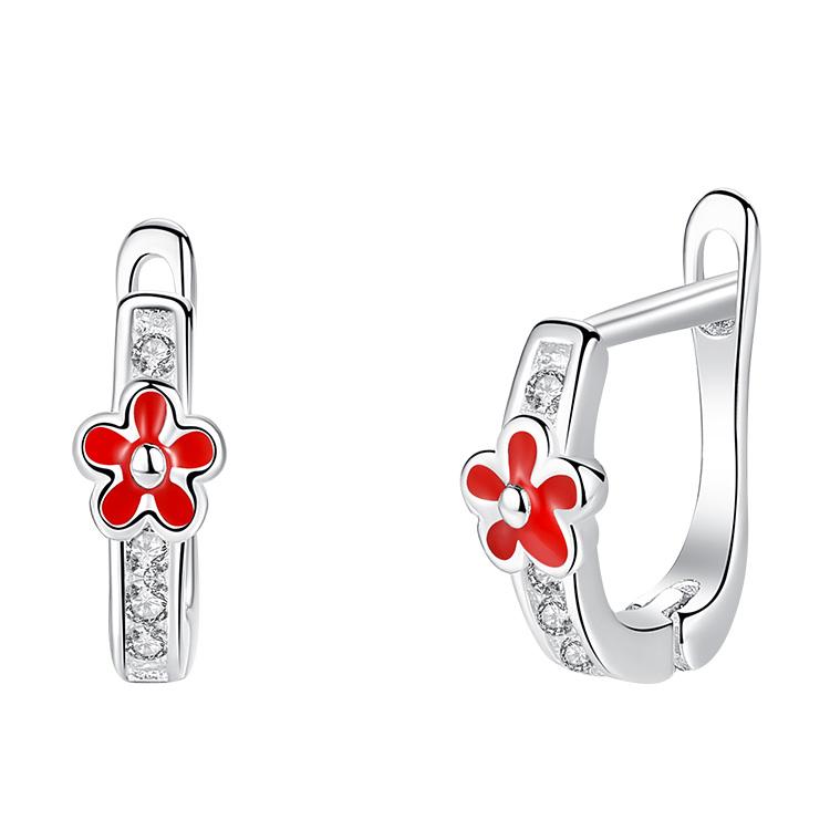 ETYE3245 925 Sterling Silver Red Enamel Flower Children Earrings