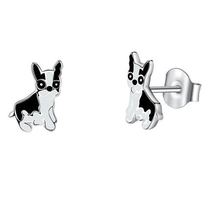 YE3236 925 Sterling Silver White&Black Bulldog Earrings
