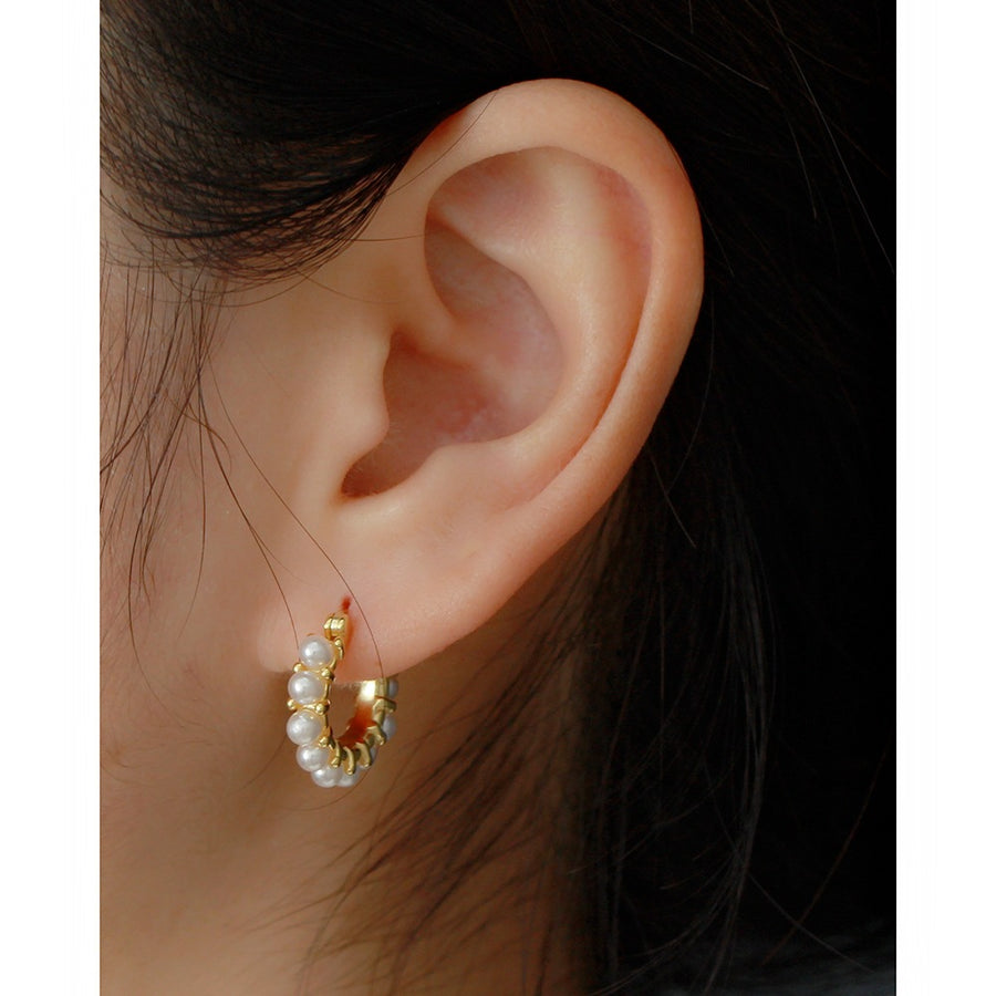 YHE0533 925 Sterling Silver Geometry Freshwater Pearl Chunky Hoop Earrings