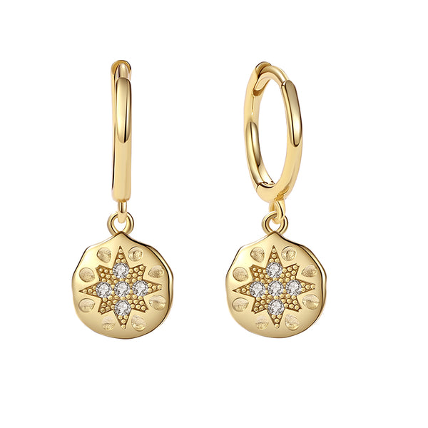 YHE0131 925 Sterling Silver Hammered Coin CZ Dangle Earring