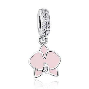 PY1225 925 Sterling Silver Pink Enamel Flower Orchid Charm