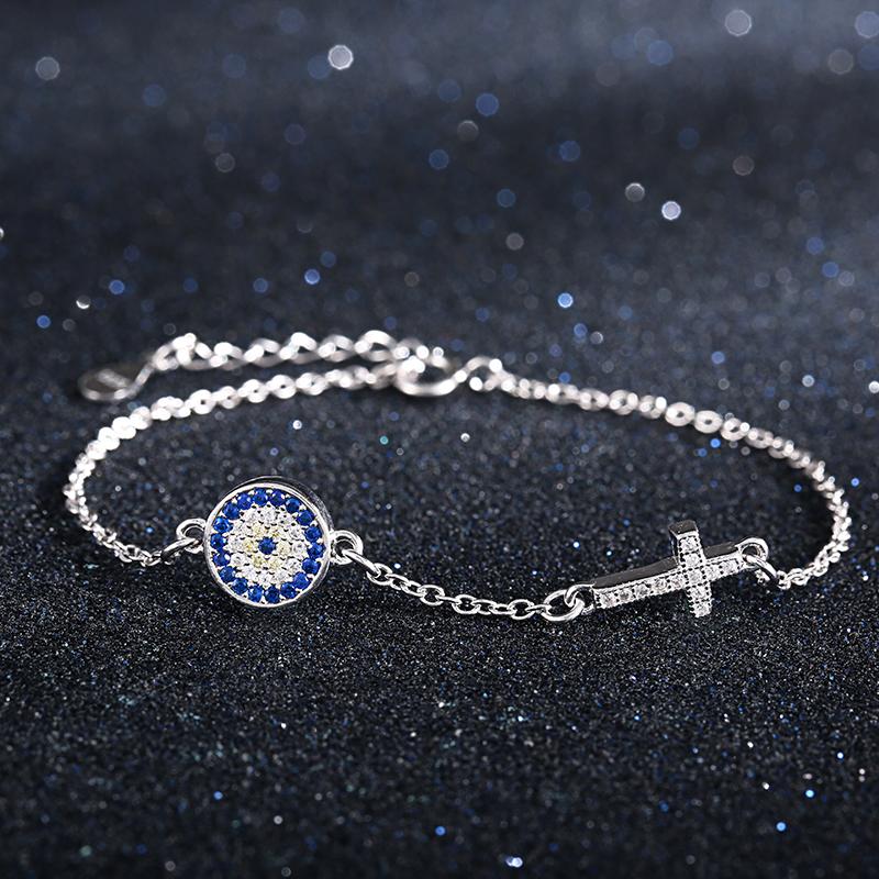 YS1042 925 Sterling Silver Blue CZ Evil Eye & Cross Bracelet