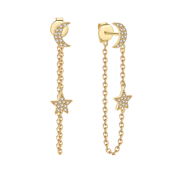 YHE0473 925 Strling Silver Crescent & Star CZ Long Chain Earring