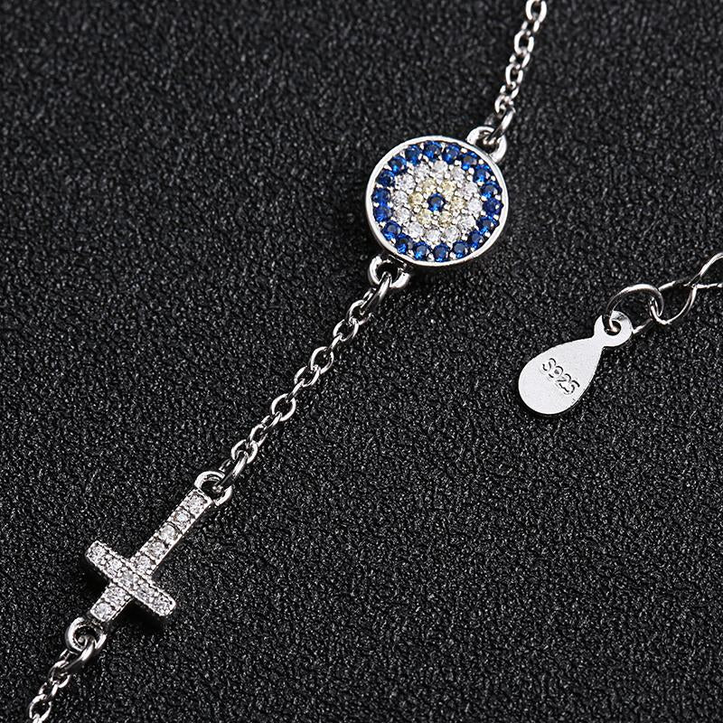 YS1042 925 Sterling Silver Blue CZ Evil Eye & Cross Bracelet