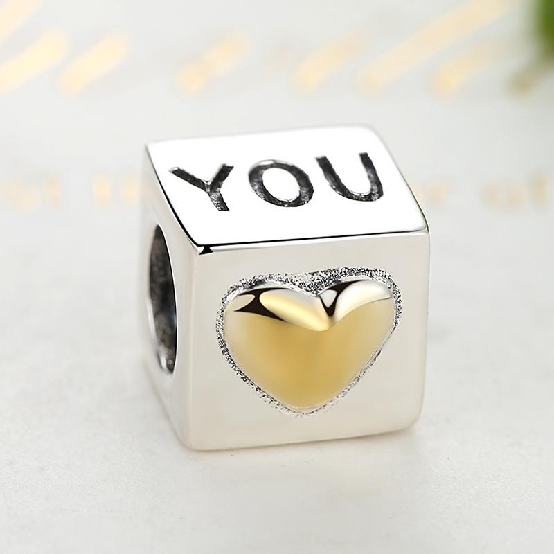 PY1326 925 Sterling Silver "I Love You" Gold-Color Heart Charm