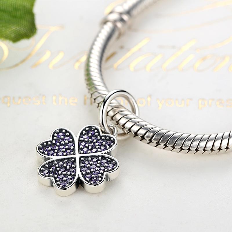 PY1347 925 Sterling Silver Clover Charm with Purple CZ