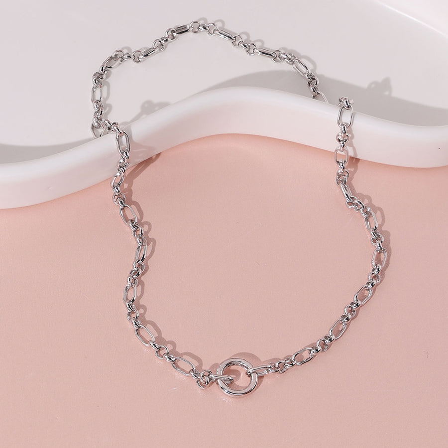 FX0902 925 Sterling Silver Mixed Link Chain Charm Round Push Clasp Necklace
