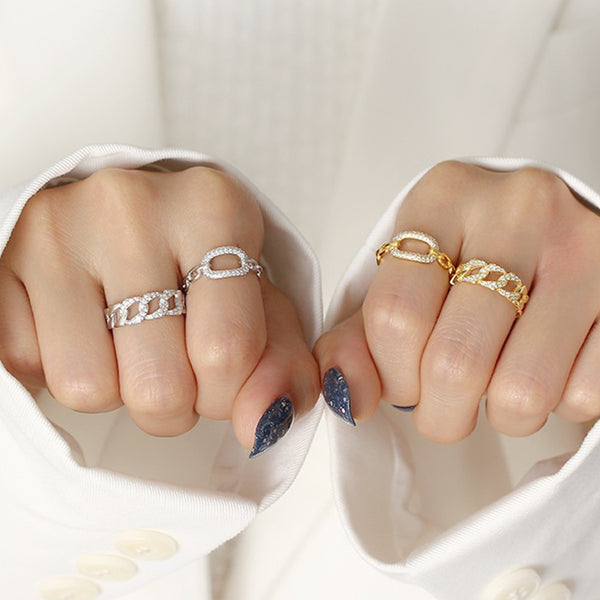 TYJ0321 925 Sterling Silver Pave CZ Link Chain Adjustable Ring