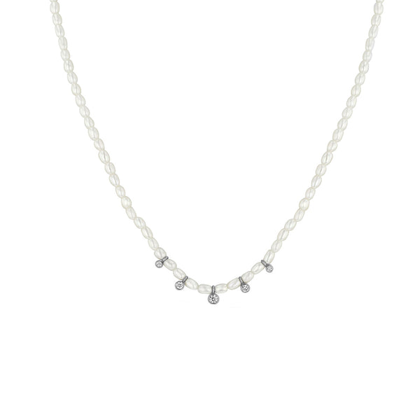 PN0073 925 Sterling Silver Bezel Set Cubic Zirconia Freshwater Pearl Necklace