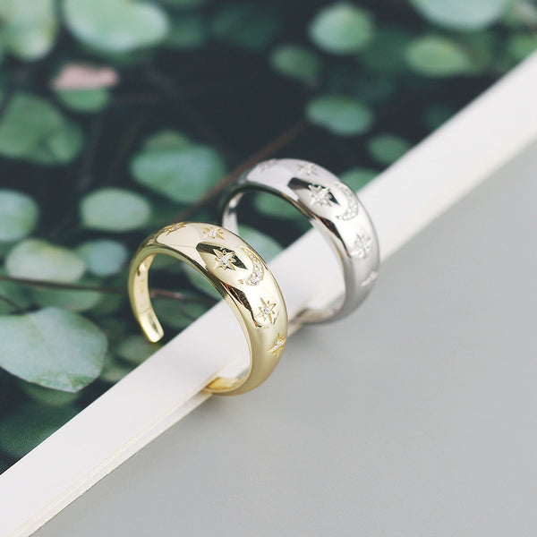 TYJ0317 925 Sterling Silver Crescent Moon Star Pave CZ Dome Ring