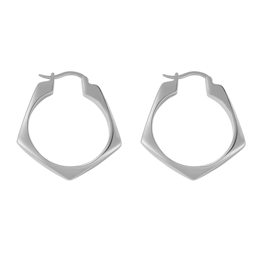 FE1977 925 Sterling Silver Geometric Pentagon Solid Chunky Hoops Earring