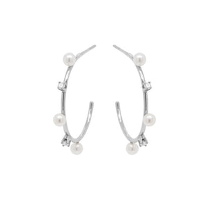 PE0025 925 Sterling Silver Prong Set Zirconia Tiny Pearl Hoops