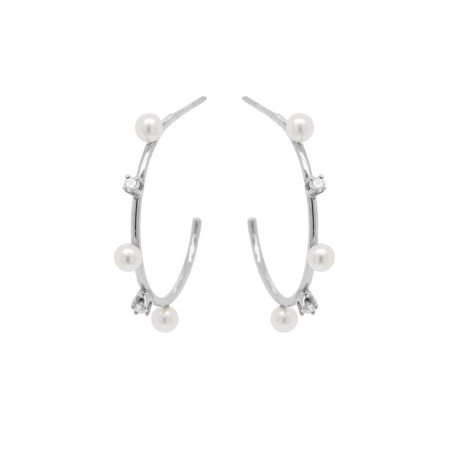PE0025 925 Sterling Silver Prong Set Zirconia Tiny Pearl Hoops