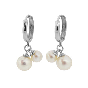 PE0063 925 Sterling Silver Double Pearls Dangle Hoop Earrings