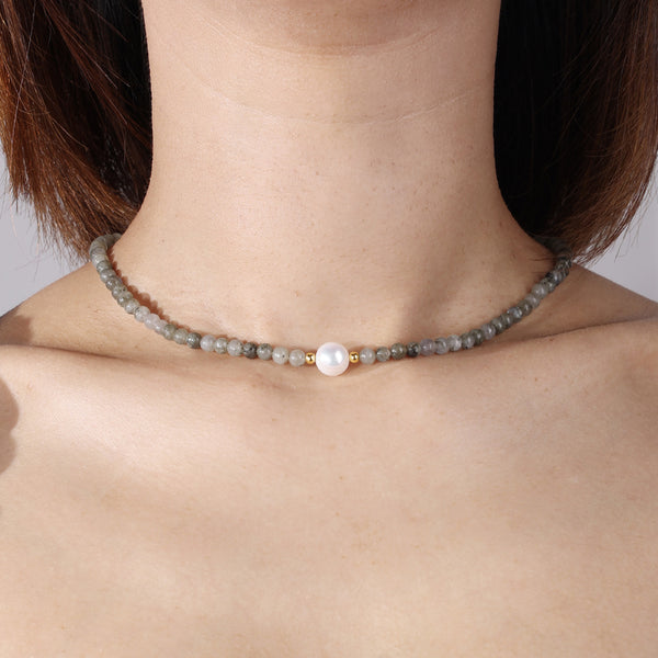 PN0036 925 sterling silver 4MM Glitter Stone Bead Pearl Women Necklace