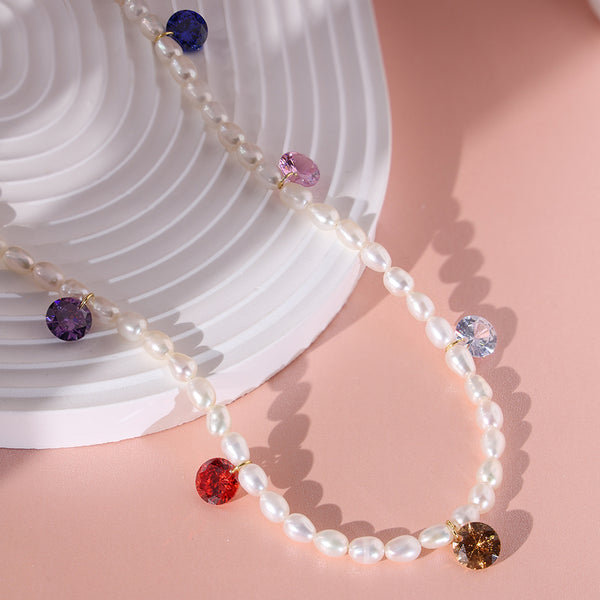 PN0062 925 Sterling Silver Rainbow Cubic Zirconia & Freshwater Pearl Necklace