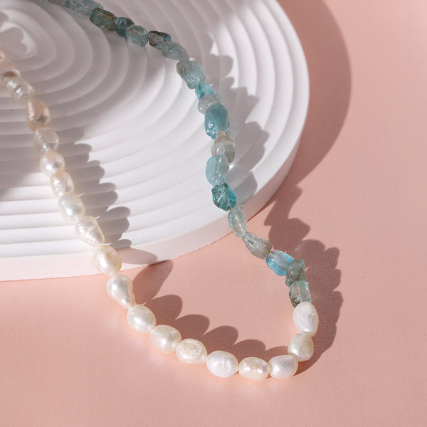 PN0021 925 Sterling Silver Blue Apatite Stone & Freshwater Pearl Necklace