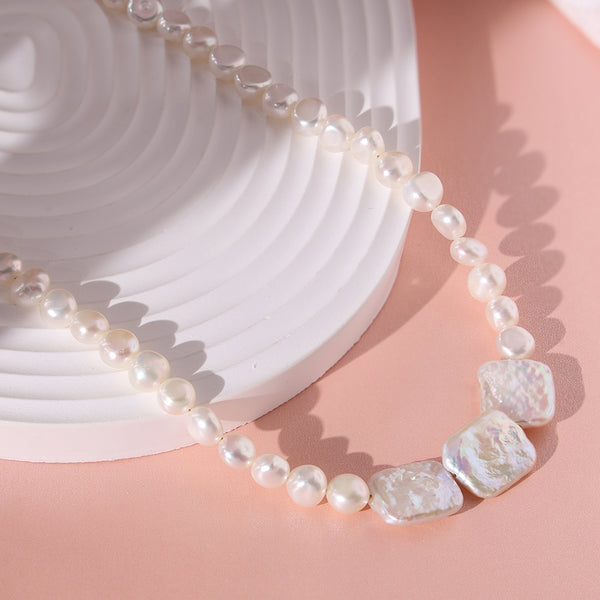 PN0059 925 Sterling Silver Rectangle & Round Freshwater Pearl Choker Necklace