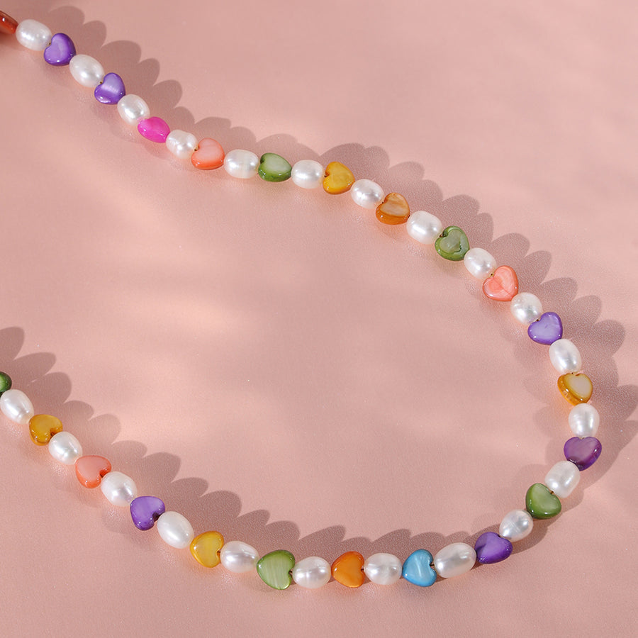 PN0012 925 Sterling Silver Rainbow Heart 5MM Pearl Necklace For Women
