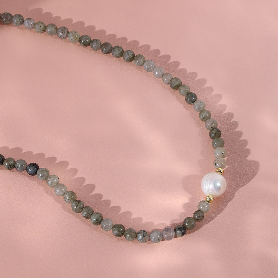 PN0036 925 sterling silver 4MM Glitter Stone Bead Pearl Women Necklace