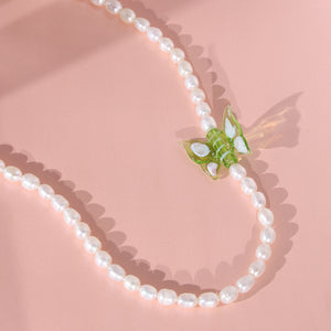 PN0038 925 sterling silver Green Glass Butterfly Freshwater Pearl Necklace