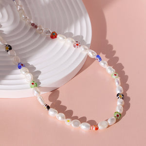 PN0039 925 Sterling Silver Mixed Color Heart Glass Beads & Freshwater Pearl Necklace