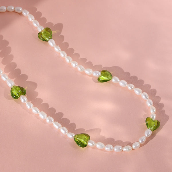 PN0003 925 Sterling Silver Green Crystal Freshwater Pearl Necklace