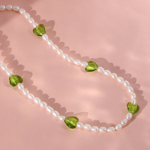 PN0003 925 Sterling Silver Green Crystal Freshwater Pearl Necklace