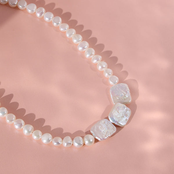 PN0059 925 Sterling Silver Rectangle & Round Freshwater Pearl Choker Necklace