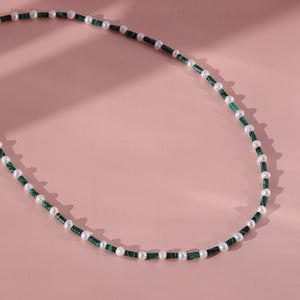 PN0018 925 Sterling Silver Malachite Bar Freshwater Pearl Bead Necklace