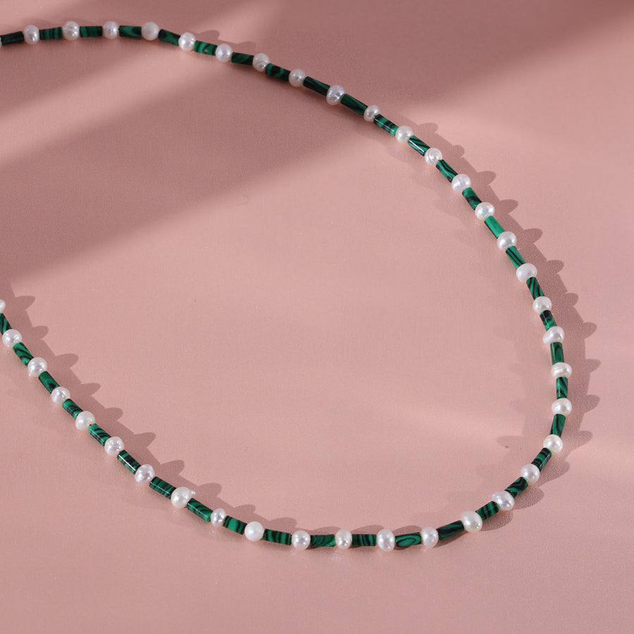 PN0018 925 Sterling Silver Malachite Bar Freshwater Pearl Bead Necklace