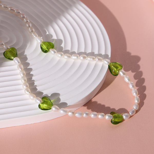 PN0003 925 Sterling Silver Green Crystal Freshwater Pearl Necklace