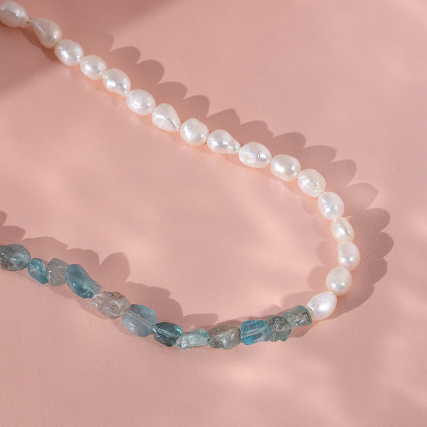 PN0021 925 Sterling Silver Blue Apatite Stone & Freshwater Pearl Necklace