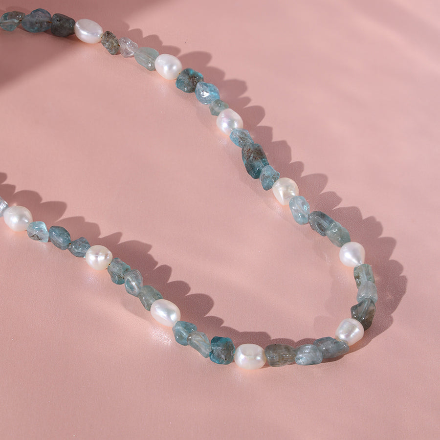PN0009 925 Sterling Silver Blue Crystal Frehwater Pearl Necklace