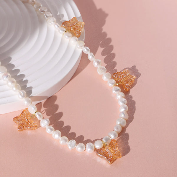 PN0042 925 Sterling Silver Butterflies 4-4.5MM Freshwater Pearl Choker Necklace