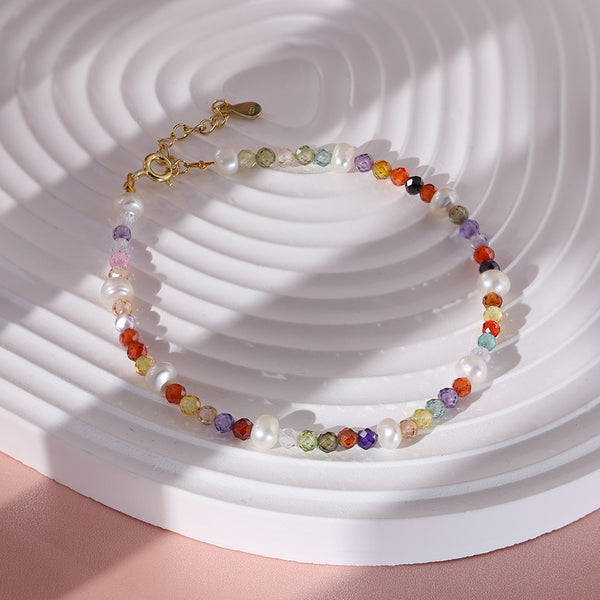PB0019 925 Sterling Silver Pearl Colorful Cubic Zirconia Bead Women Bracelet