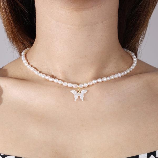 PN0005 925 Sterling Silver Dainty Butterfly Pearl Necklace