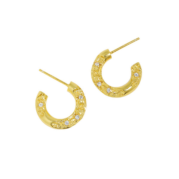 RHE1105 925 Sterling Silver Hammered Hoop Earring With Cubic Zirconia