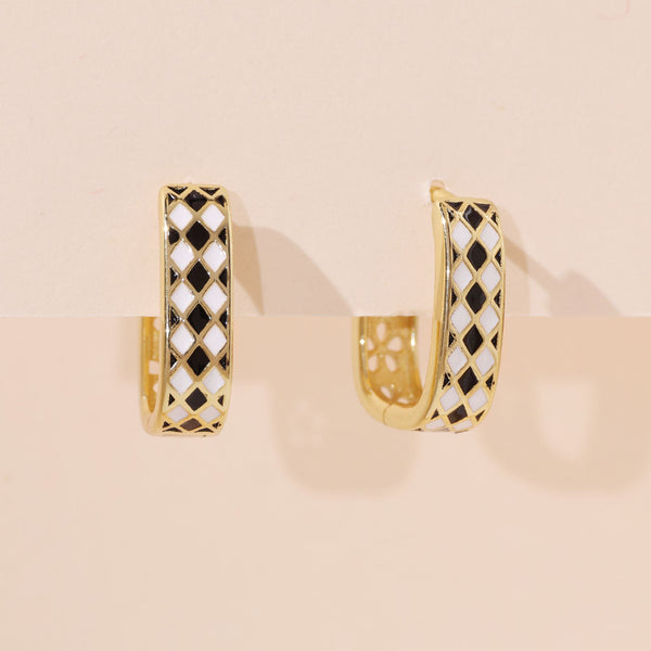 YHE0486 925 Sterling Silver Black & White Enamel Hoop Earring