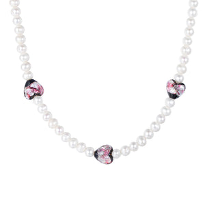 PN0019 925 Sterling Silver Heart Glass Bead Stone Freshwater Pearl Necklace