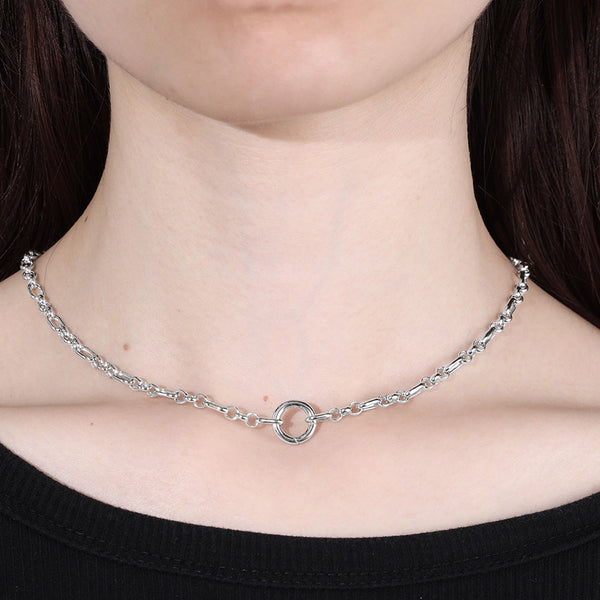FX0902 925 Sterling Silver Mixed Link Chain Charm Round Push Clasp Necklace