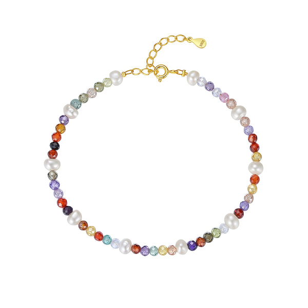 PB0019 925 Sterling Silver Pearl Colorful Cubic Zirconia Bead Women Bracelet