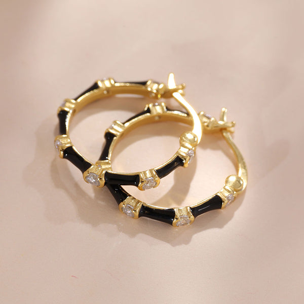 YHE0406 925 Sterling Silver Bamboo Black Enamel Hoop Earring