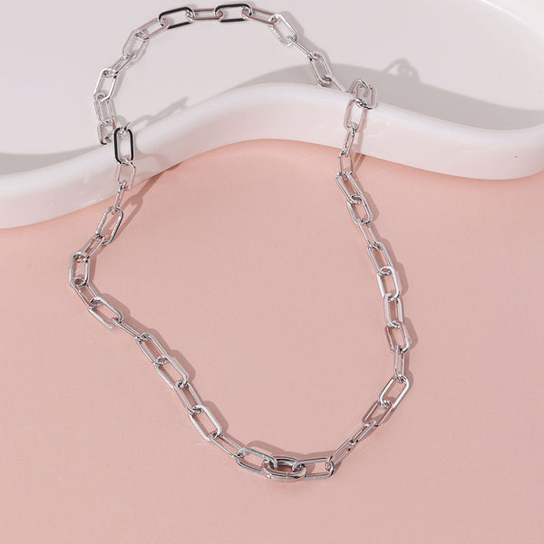 FX0903 925 Sterling Silver Paperclip Link Round Push Clasp Necklace